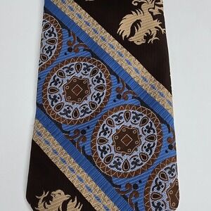 VTG Leonardo Tie 70s Brown Blue Gold Medallion Griffin Crest Pattern Wide Funky